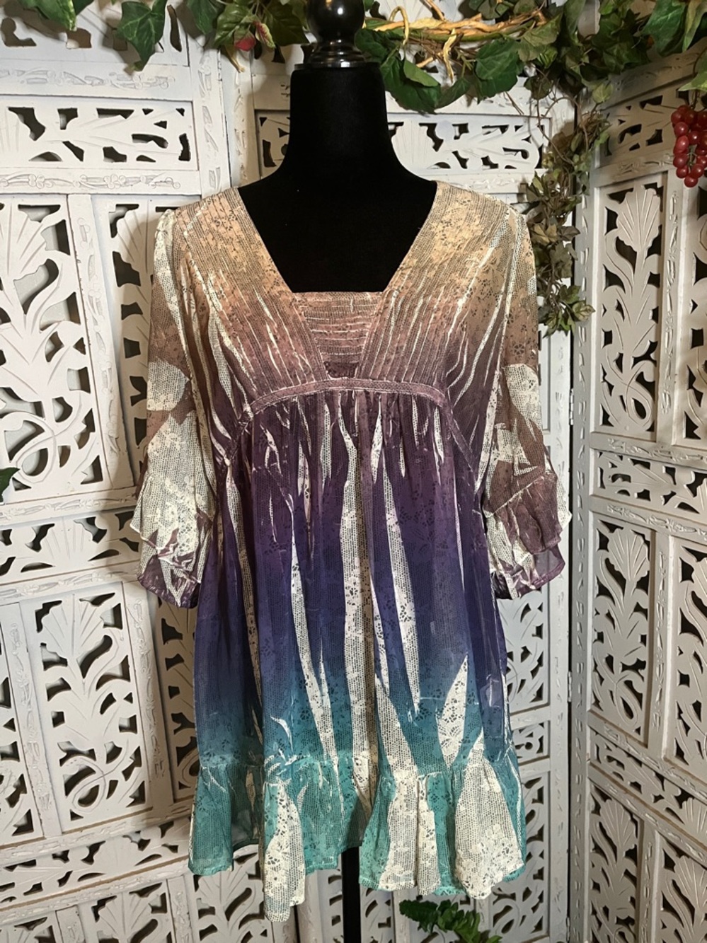 ONE WORLD BOHO-INSPIRED TAN BLUE & GREEN MIXED PATTERN SHORT SLEEVE TOP